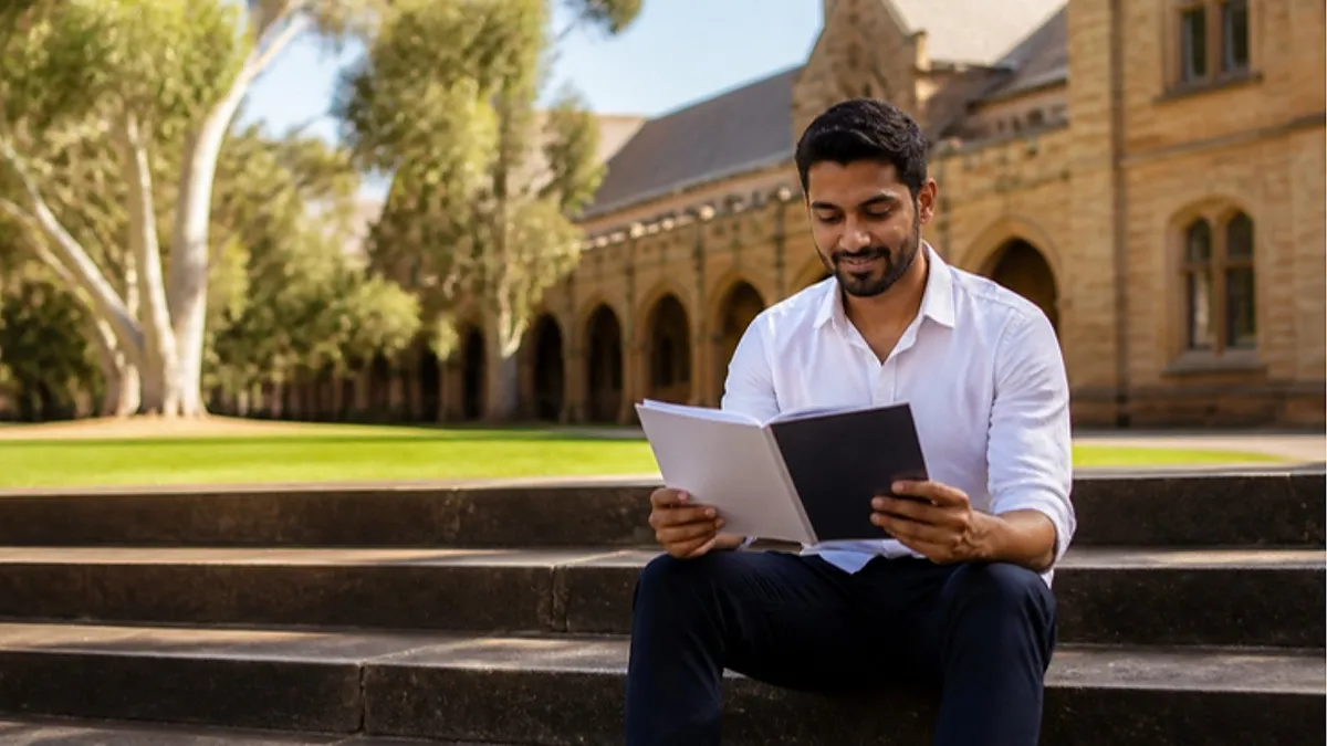 A graduate reads a printed booklet on the sandstone steps of an Australian university, checking the Australia Awards Scholarship Sri Lanka requirements.