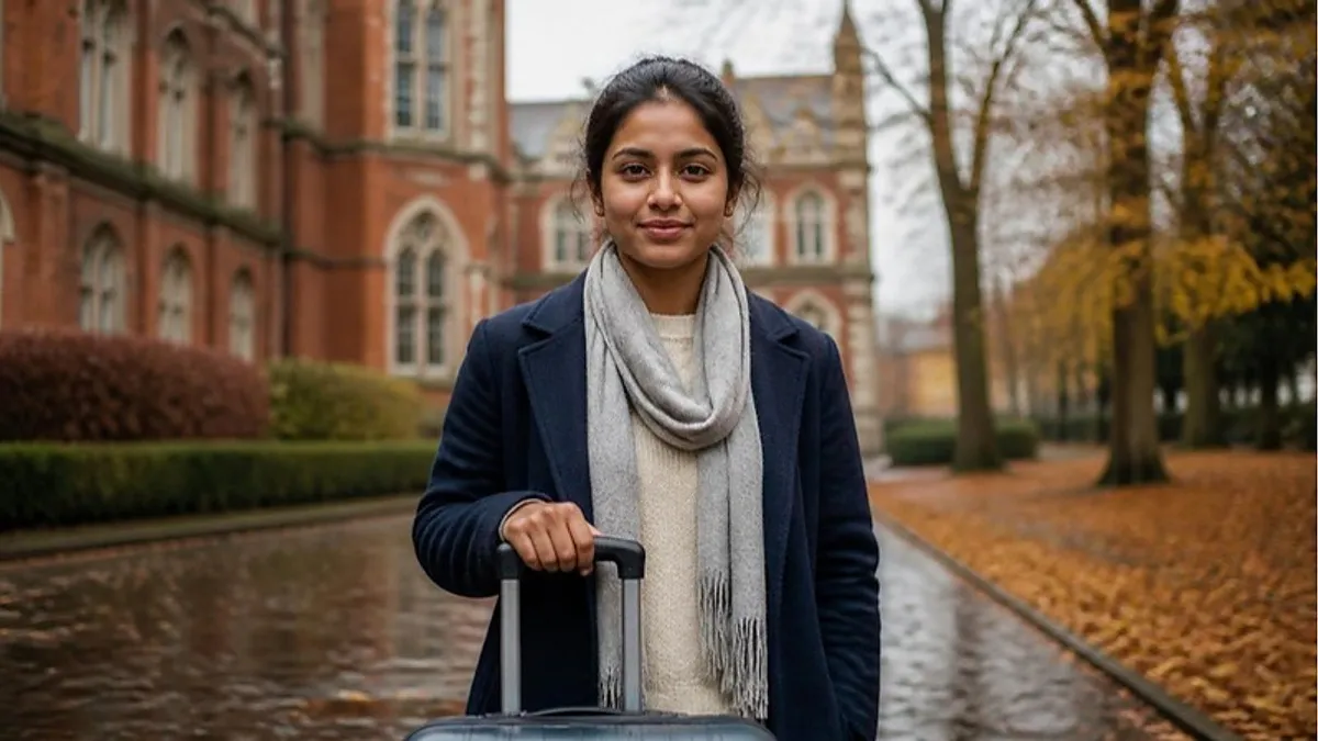 A student with a wheeled suitcase stands on a red-brick UK university campus in autumn, having checked when she can travel to the UK on a Student visa.