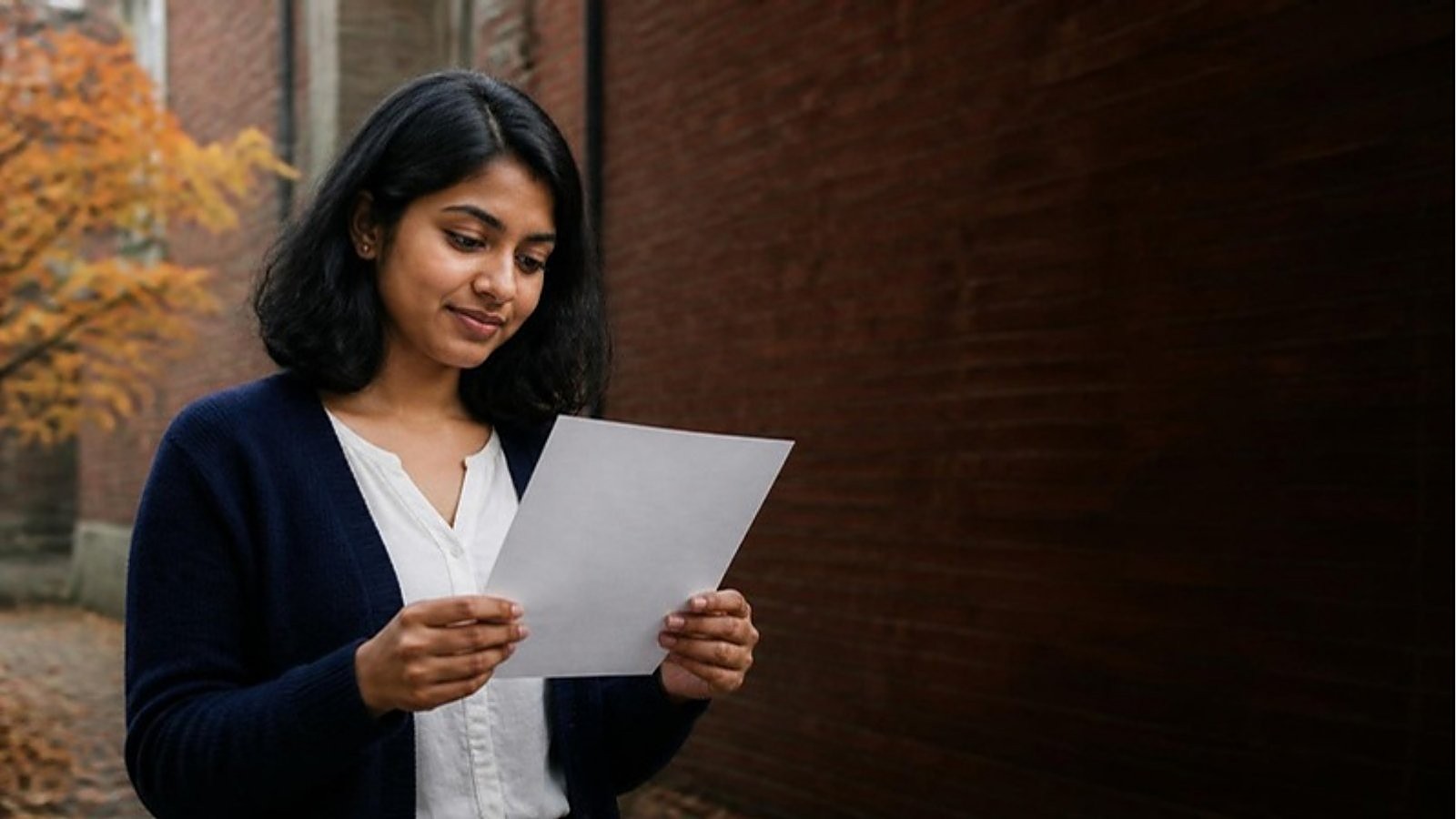 A student reads a printed letter in a red-brick UK university courtyard in autumn, taking a moment to check the UK university sponsor licence before accepting an offer.