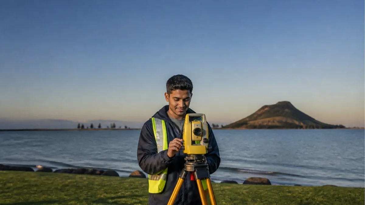 A civil engineering student checks a surveying instrument on the Tauranga waterfront with Mount Maunganui behind, while studying at Toi Ohomai Institute of Technology.