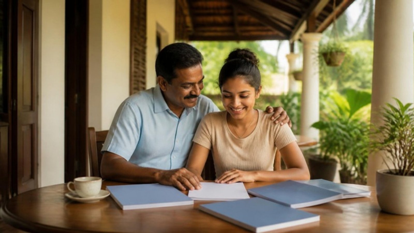 A Sri Lankan student and her father review university prospectuses on a verandah after she missed the Z-score cut-off, planning study abroad.