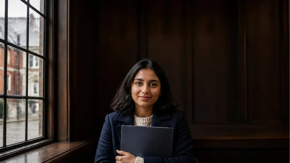 A student holding a folder sits by a leaded window in a red-brick UK university building, planning how to defer her UK university offer.