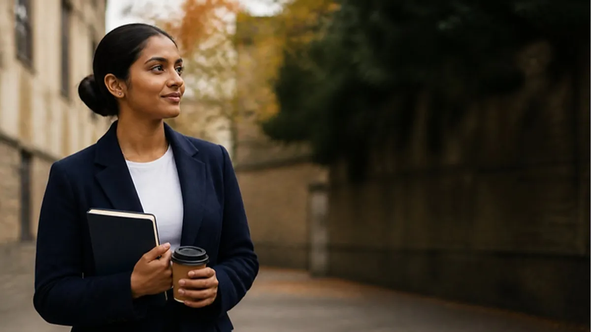 A student in a navy blazer holds a notebook and coffee outside a stone university building in Oxford, weighing up Oxford Brookes University.