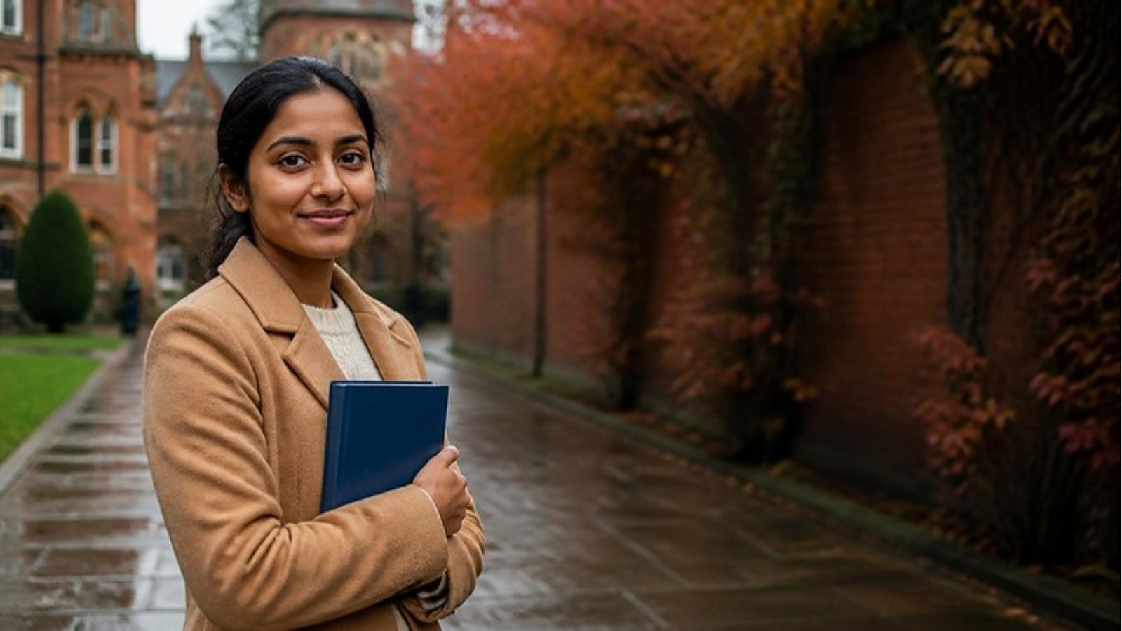 A student in a camel coat holds a blue planner in a red-brick UK university quad in autumn, planning around her UK student visa length.
