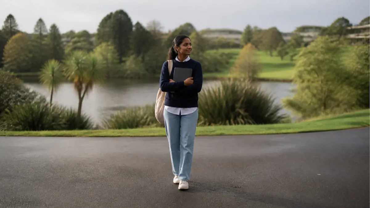 A student holding a course handbook stands on a lakeside path at the University of Waikato campus in Hamilton, New Zealand, looking toward a classmate.
