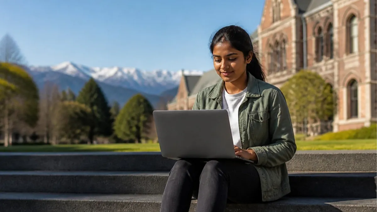 A student with a laptop sits on stone steps outside a heritage brick building with snow-capped mountains behind, applying to Lincoln University New Zealand.
