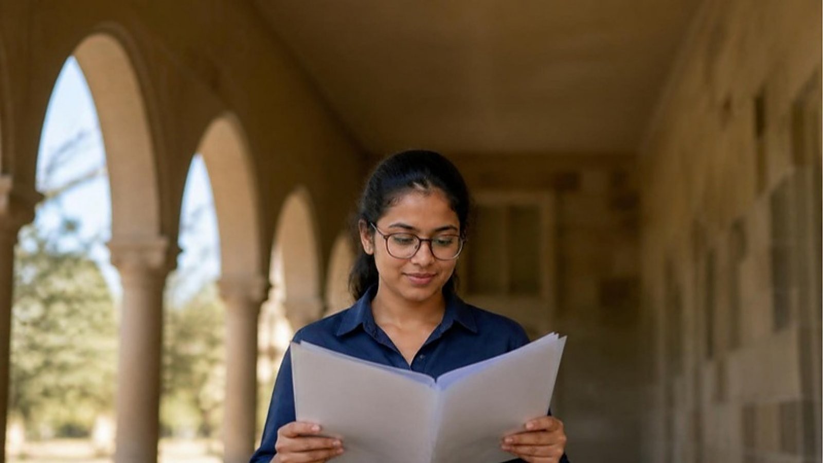A student checks a document folder in a sandstone university colonnade in Australia, preparing her paperwork under the new Australia student visa evidence levels.