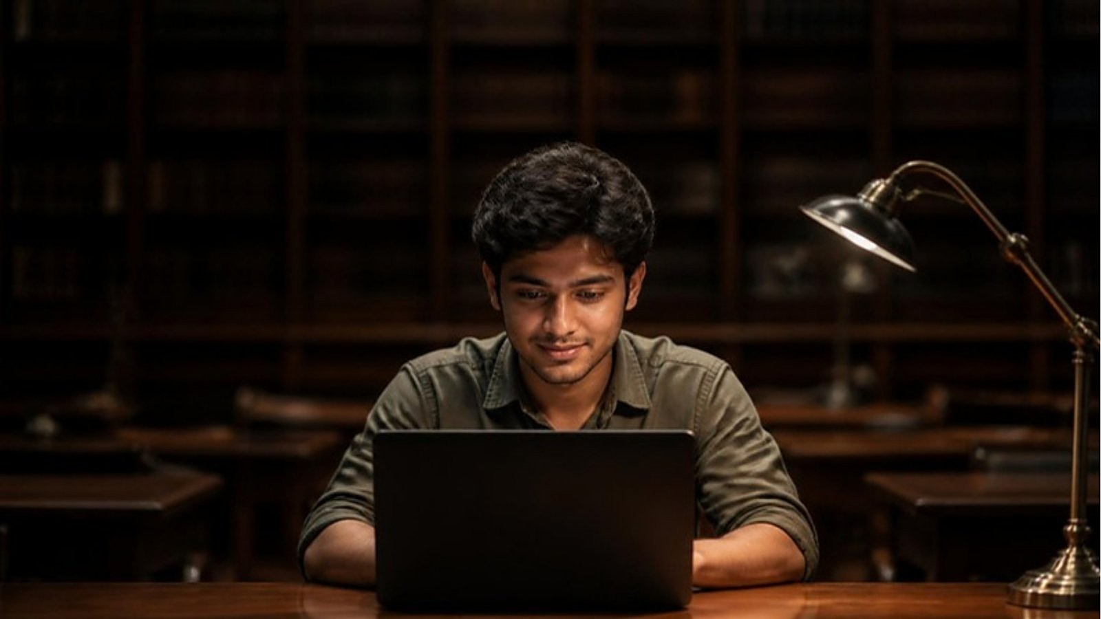 A student works on a laptop at a wooden table in a UK university library, preparing for the UCAS January deadline.