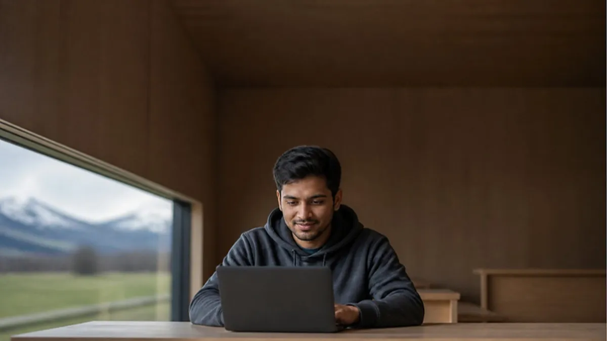 A student works on a laptop in a timber study space in Invercargill with snow-capped mountains outside, exploring courses at SIT New Zealand.