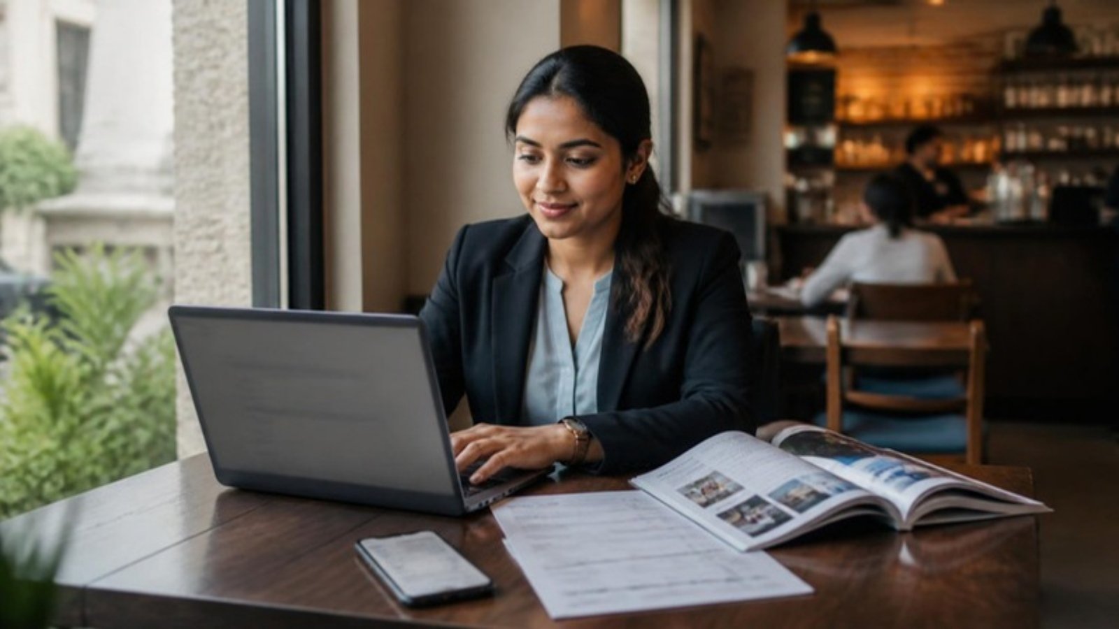 A young Sri Lankan professional finalises her Chevening scholarship Sri Lanka application at a Colombo café, a UK university prospectus open beside her.