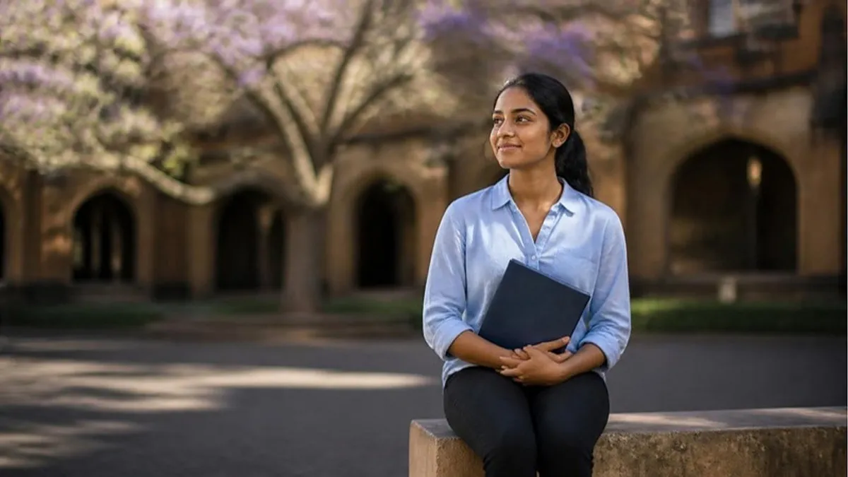 A student holding a navy folder sits on a sandstone ledge in an Australian university quadrangle under a jacaranda tree, preparing how to apply to university in Australia.