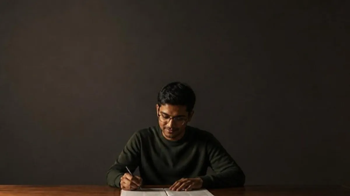 A student marks a printed draft of his statement of purpose for a master's application at a desk.