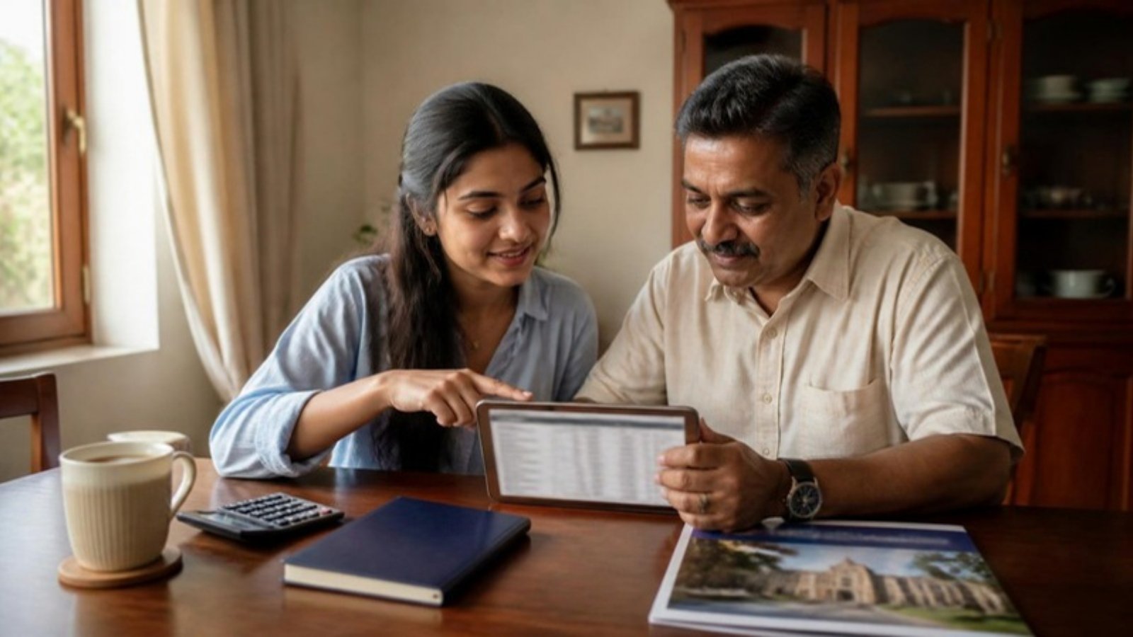 A Sri Lankan father and daughter compare UK university fee pages on a tablet at their dining table while reading about the UK international student levy.