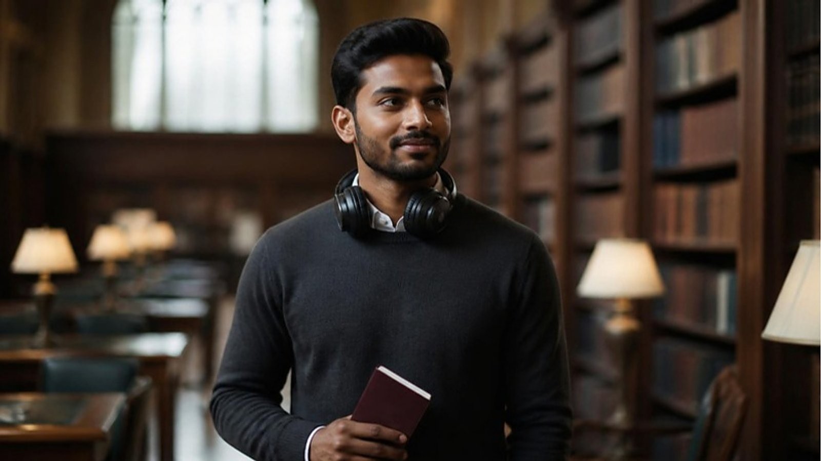 A student with headphones around his neck holds his passport in a traditional UK university library, ready to book PTE Academic UKVI for his student visa.