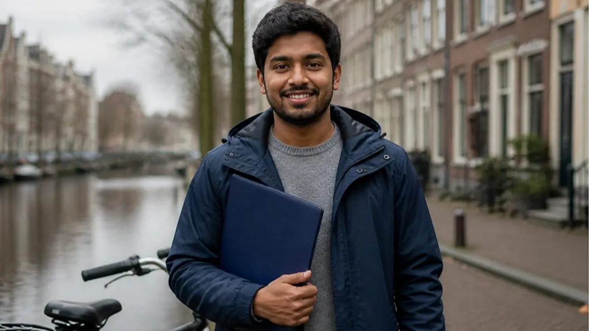 A student in a navy rain jacket holds a document folder beside his bicycle on a Dutch canal street, ready to register for his BSN in the Netherlands.