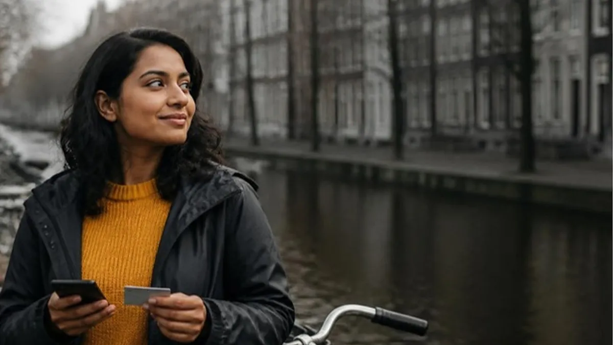 A student stands with her bicycle on a Dutch canal street holding a card and phone, sorting out health insurance for international students in the Netherlands.