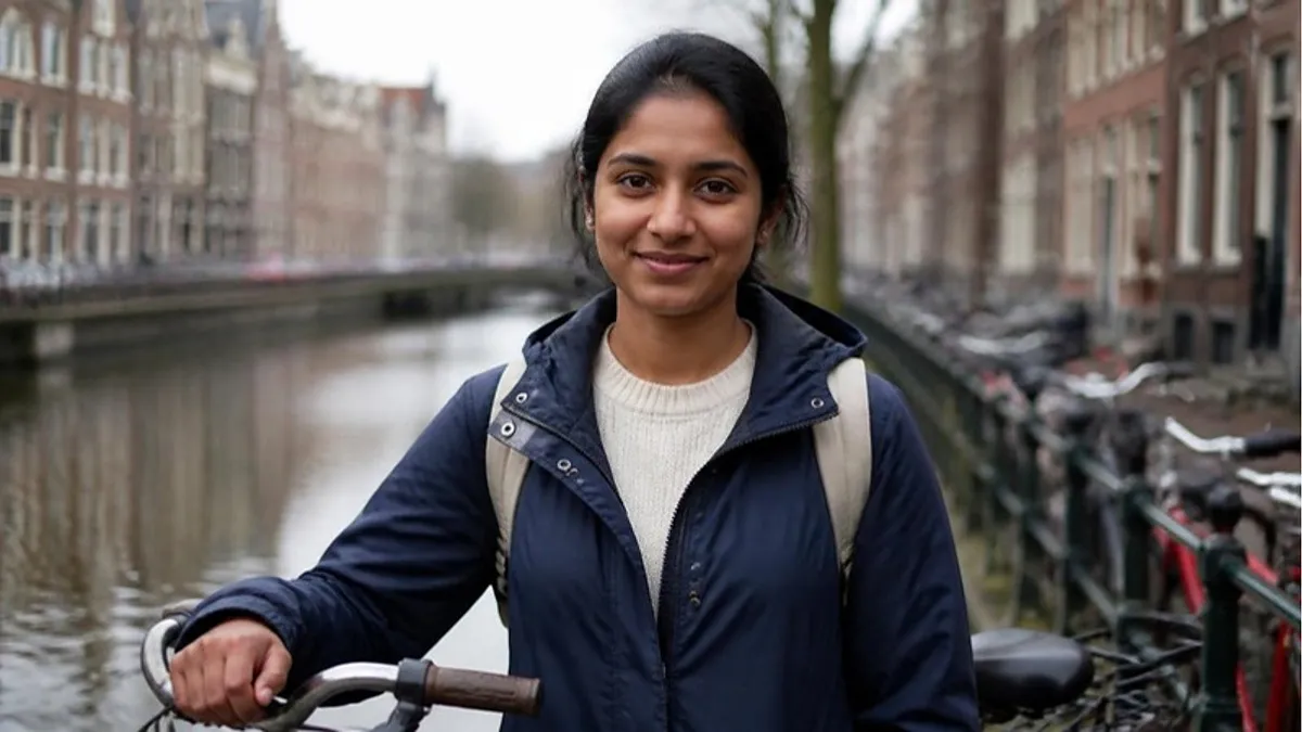 A student stands with her bicycle on a canal-side street in a Dutch university city, planning for the Netherlands September intake.