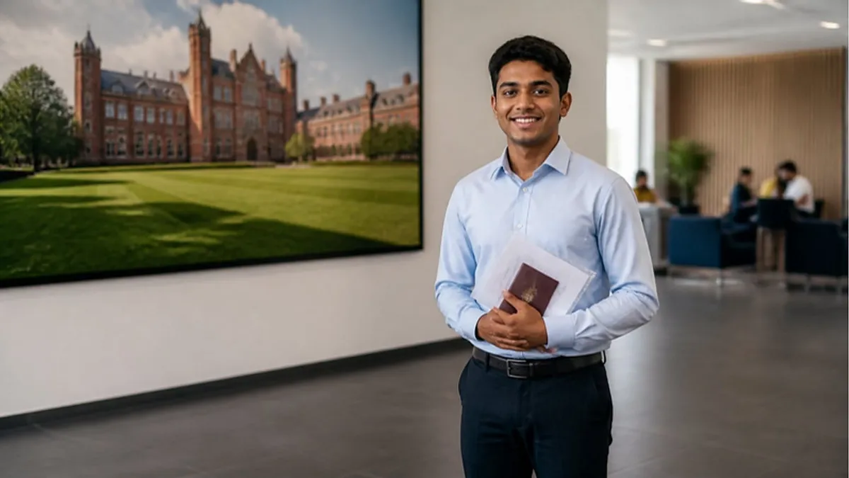 A student holding a document folder and passport stands in a bright visa application centre waiting area like VFS Global Colombo, below a large photo of a red-brick university campus.