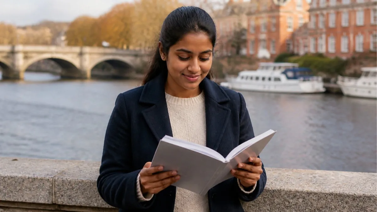 A student reads a course handbook beside the River Thames in Kingston upon Thames, home of Kingston University, with a stone bridge and moored boats behind her.