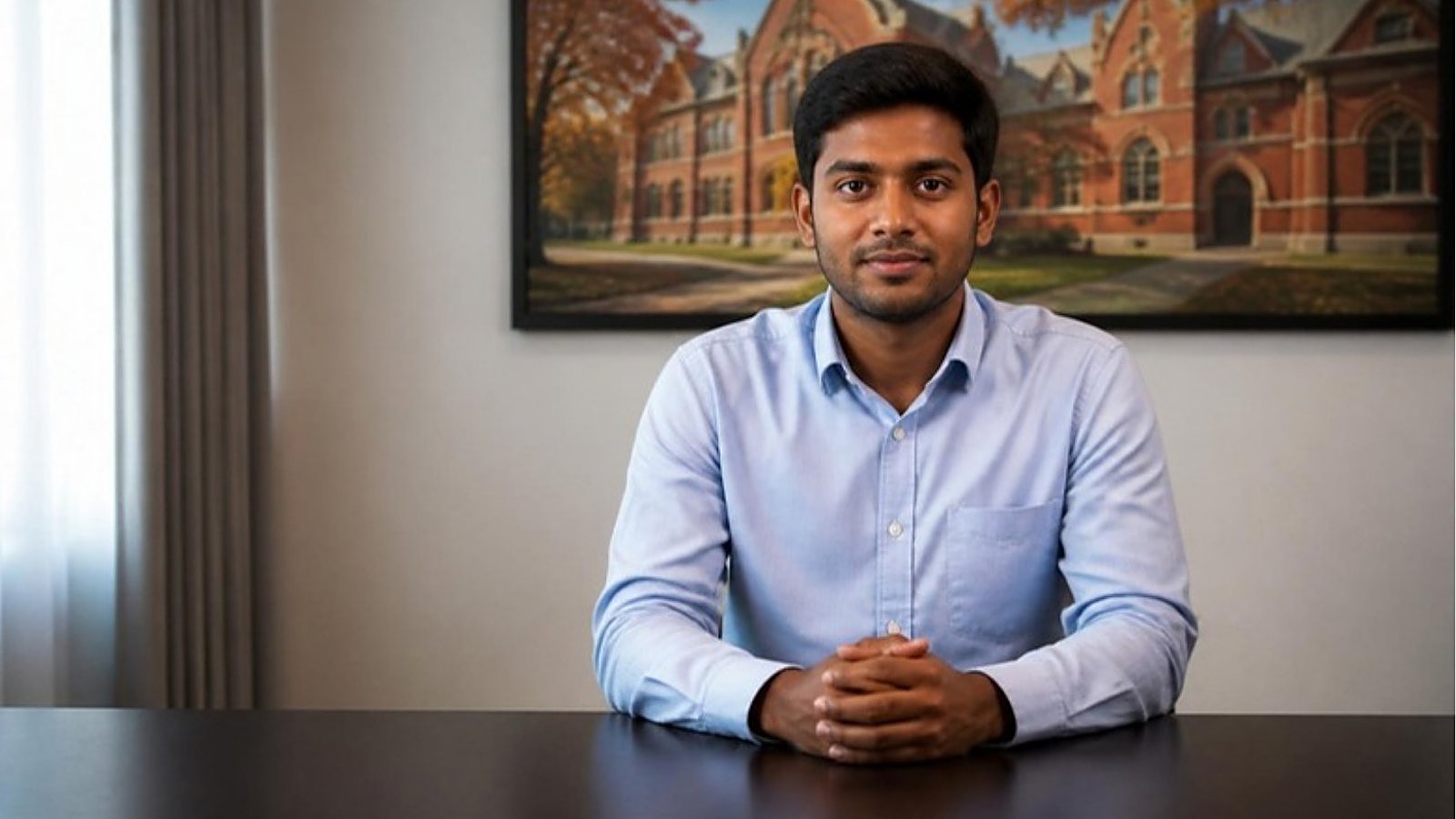 A student in a light blue shirt sits at a desk with his hands clasped, calmly facing the camera as he prepares for his UK student visa credibility interview.
