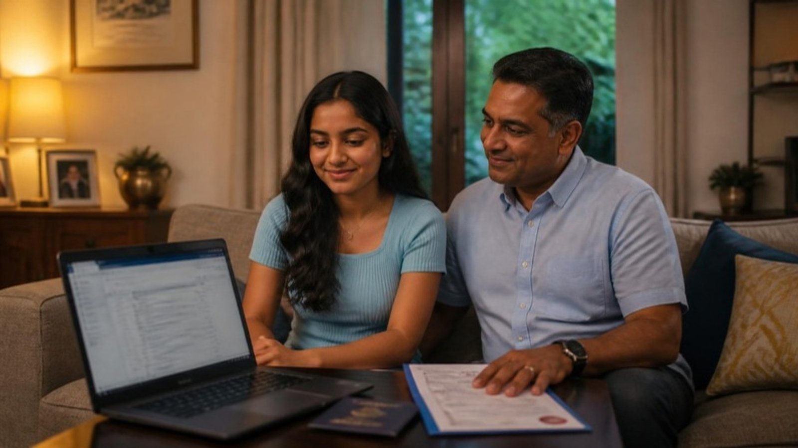 A Sri Lankan applicant and her father review a New Zealand student visa approval in principle email on a laptop at home, documents on the table.