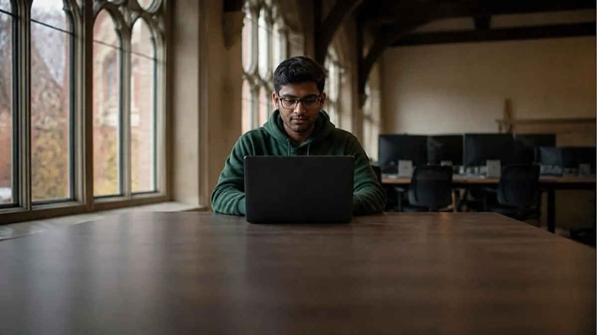 A student in glasses works on a laptop in a UK university computer lab with arched windows, studying for an MSc cyber security in the UK.