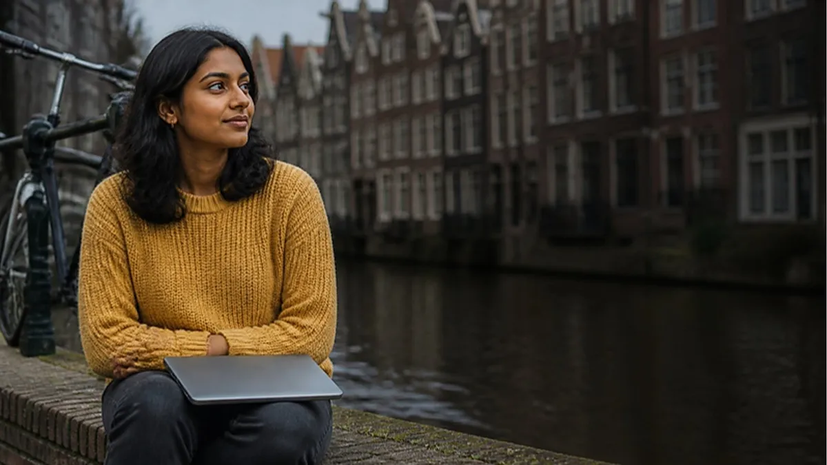 A student in a mustard sweater sits on a brick wall beside a Dutch canal with a laptop on her lap, thinking through master's admission requirements in the Netherlands.