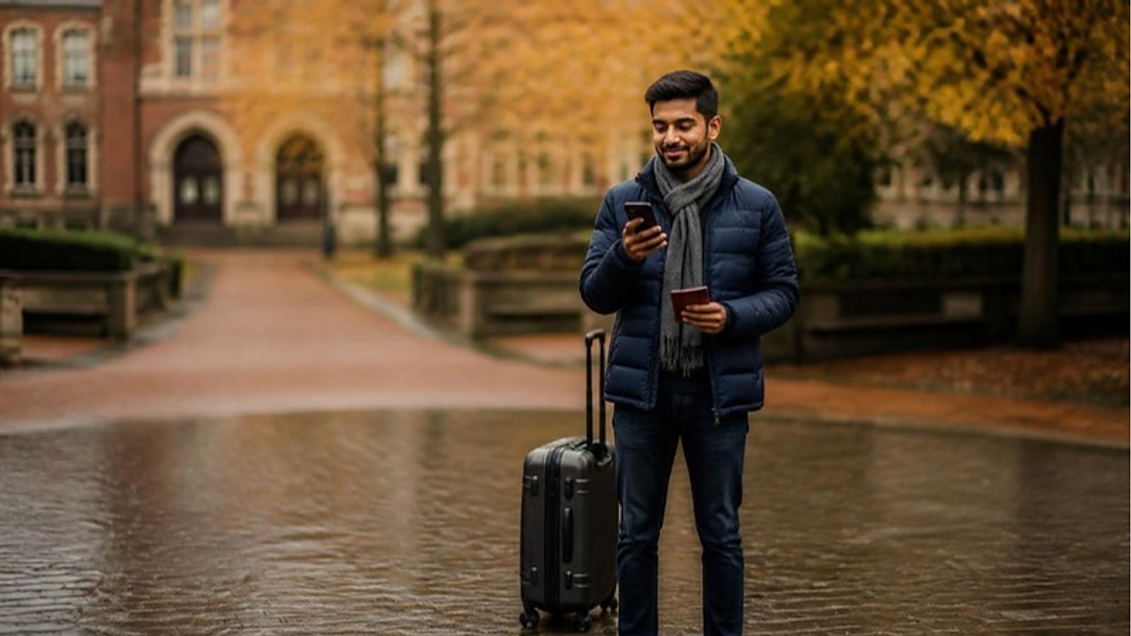 A student with a suitcase on a red-brick UK university campus in autumn checks his phone and passport while setting up his UK eVisa for students.