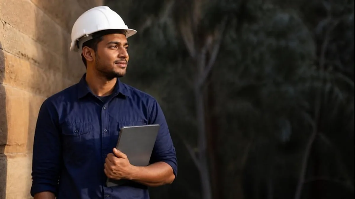An engineering student in a white hard hat holds a tablet beside a sandstone building on an Australian campus, planning a Master of Engineering in Australia.