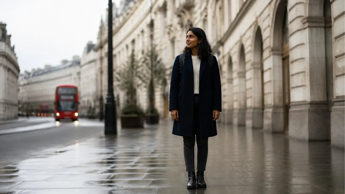 A student in a navy coat and backpack stands on a wet central London street lined with stone terraces, planning her University of Westminster application.