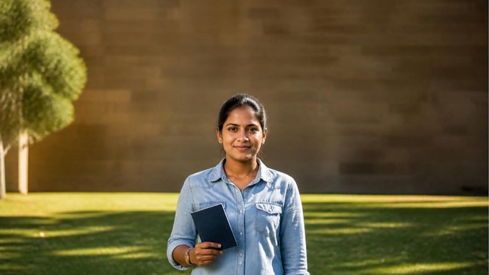 A student stands holding her passport on a sandstone university campus in Australia, the setting for an Australia student visa onshore application.