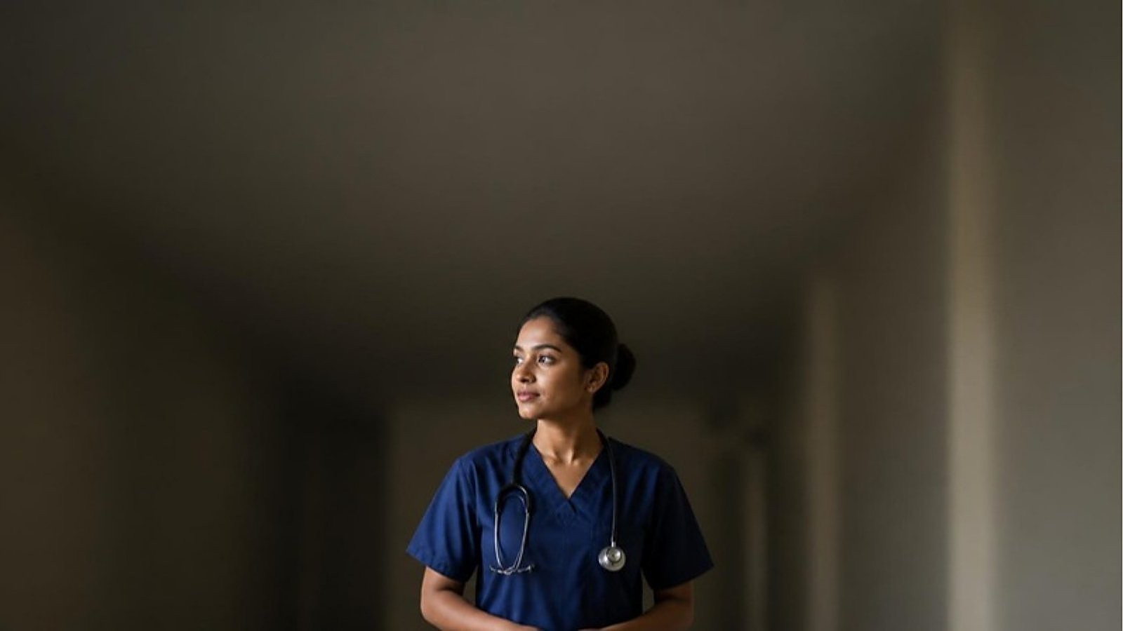 A young nurse in navy scrubs with a stethoscope stands in a quiet hospital corridor, a healthcare professional deciding between OET and IELTS.