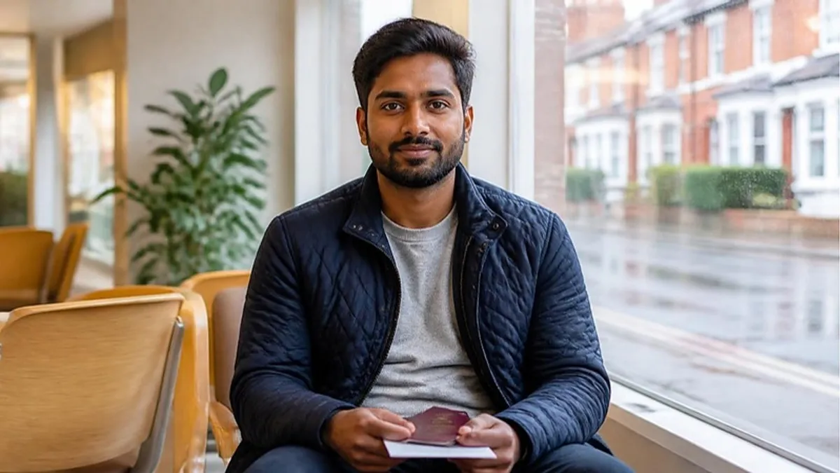 A student waits in a bright UK doctor's surgery beside a window onto a wet red-brick street, the NHS access the immigration health surcharge for students pays for.
