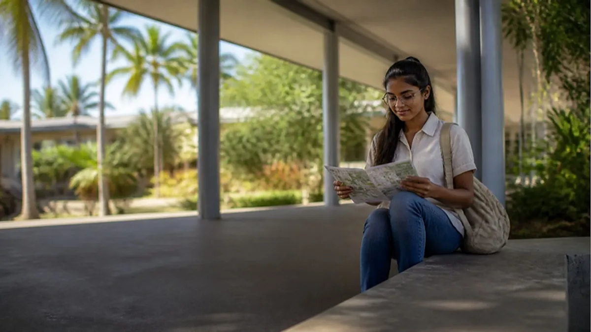 A student studies a printed campus map on a palm-lined open-air walkway at a tropical North Queensland campus while planning which James Cook University campus fits her course.