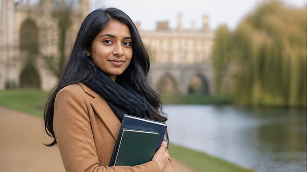 A young woman in a camel coat holds two books on a riverside path in Cambridge, considering Anglia Ruskin University.