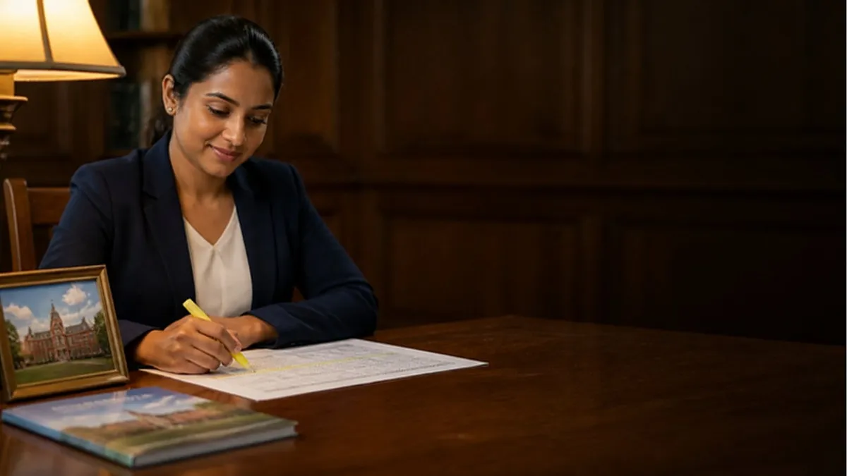 A young professional at a wood-panelled library table highlights a row in a printed comparison of scholarships for Sri Lankan students, with a framed university campus photo beside her.