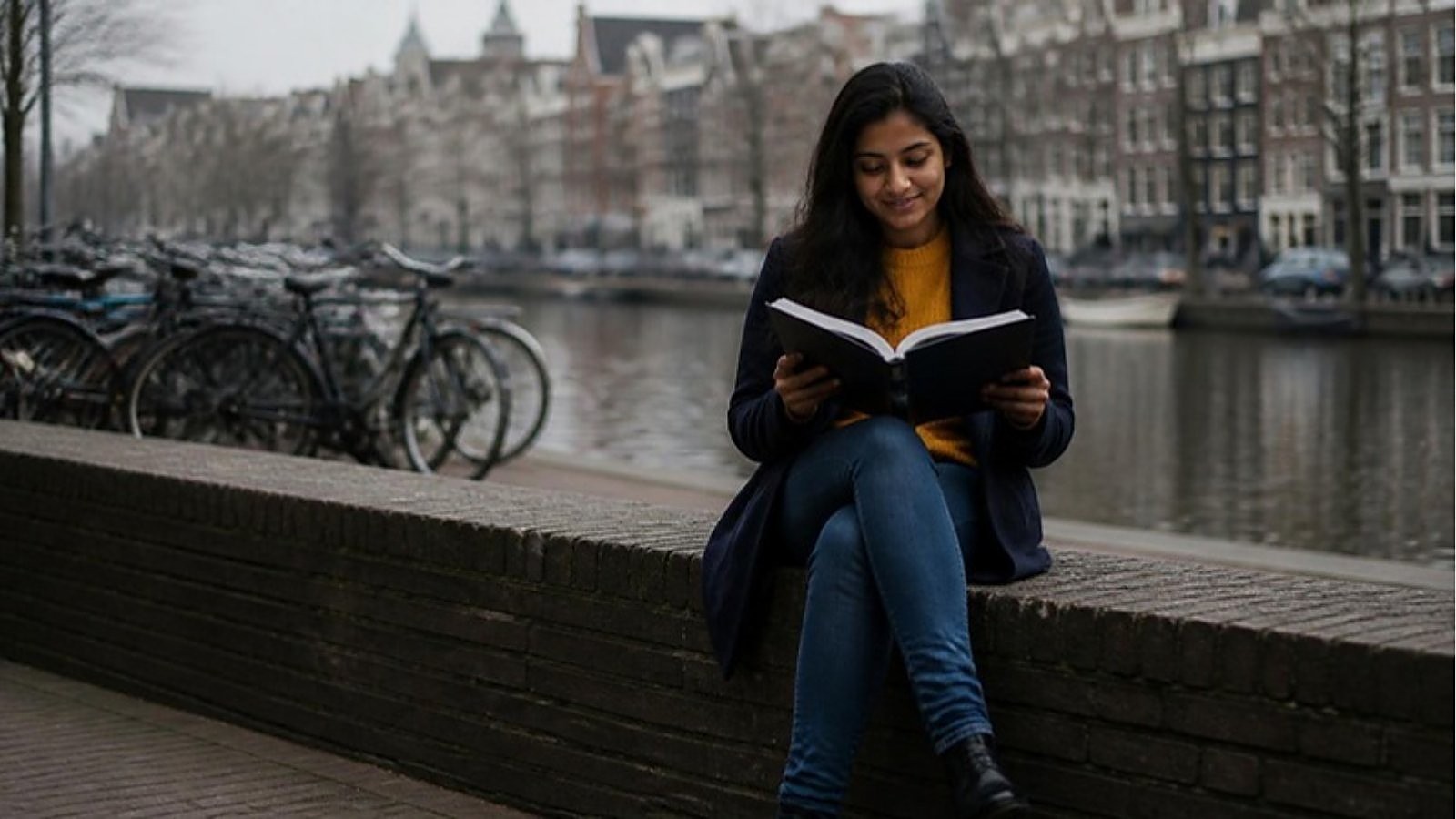 A student in a mustard sweater reads a course handbook on a canal-side brick wall in a Dutch city, planning a pre-master in the Netherlands.