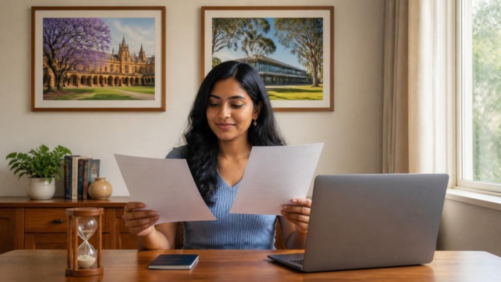 Sri Lankan student comparing Australian university offer letters beneath framed photos of a sandstone quad with jacaranda trees and a eucalyptus campus.