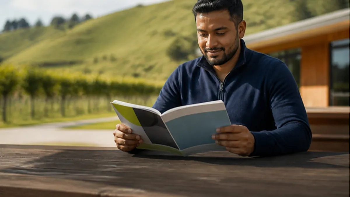 A student reads a course brochure at an outdoor bench on a Hawke's Bay campus with green hills behind, planning study at the Eastern Institute of Technology.
