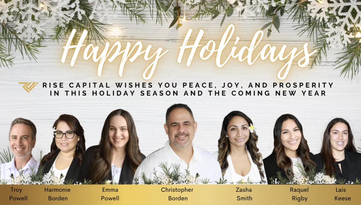 Rise Capital Investments team members, showcasing the company’s expertise in debt and equity commercial real estate (CRE) investments. The team is committed to helping clients secure their financial future through strategic CRE opportunities., with a holiday twist