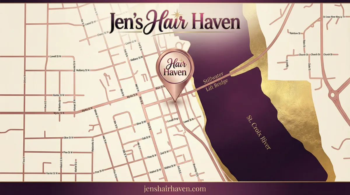 Stylized map highlighting Jen's Hair Haven located inside Uptown Curl at 120 Main St N in downtown Stillwater, MN, with nearby areas like Maplewood, Woodbury, Lake Elmo, and Hudson.