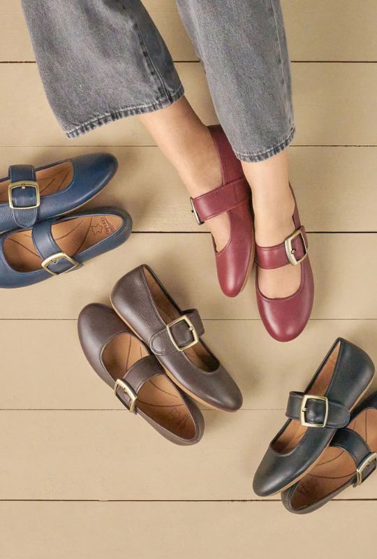 Women's Mary Jane shoes in burgundy, navy, brown, and black.