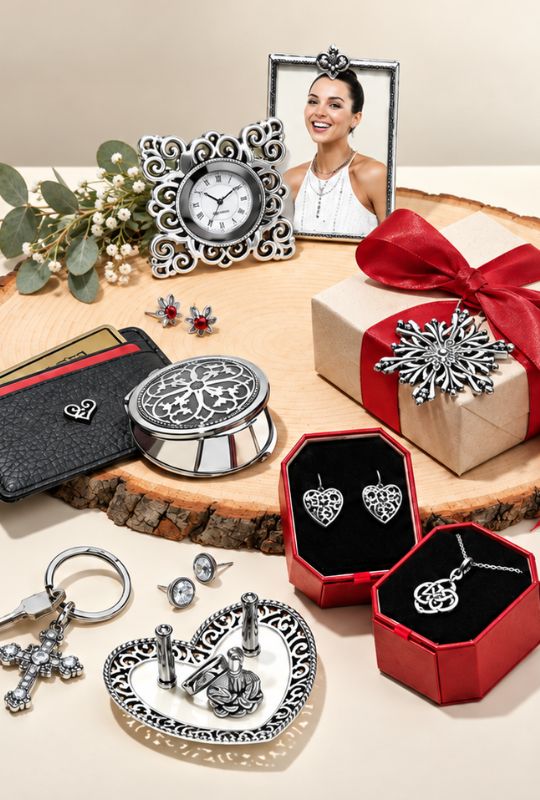 Brighton jewelry, wallet, keychain, and gift accessories displayed with a wrapped present.