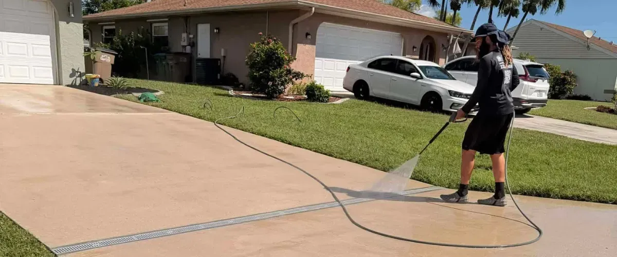 A freshly cleaned sidewalk showing a bright, even surface.