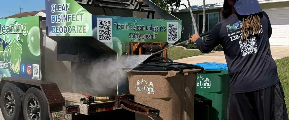 Worker pressure washing a brown trash bin beside a cleaning service trailer