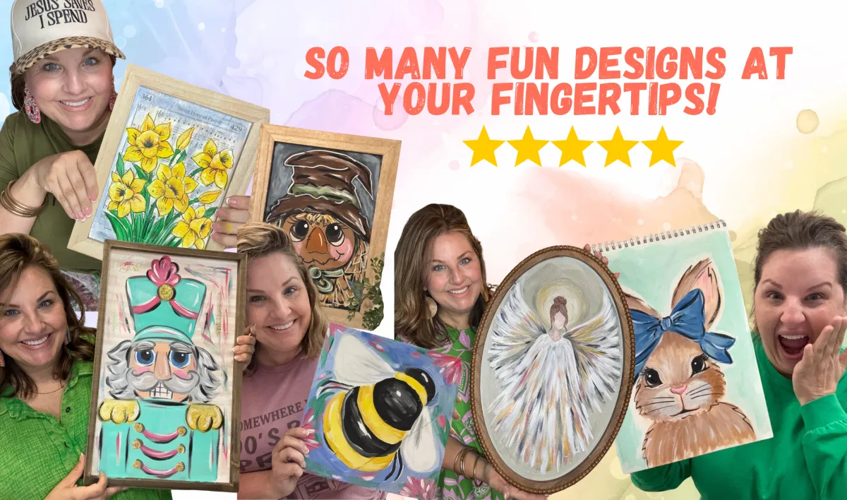 Creative women holding finished ArtGirls painting projects