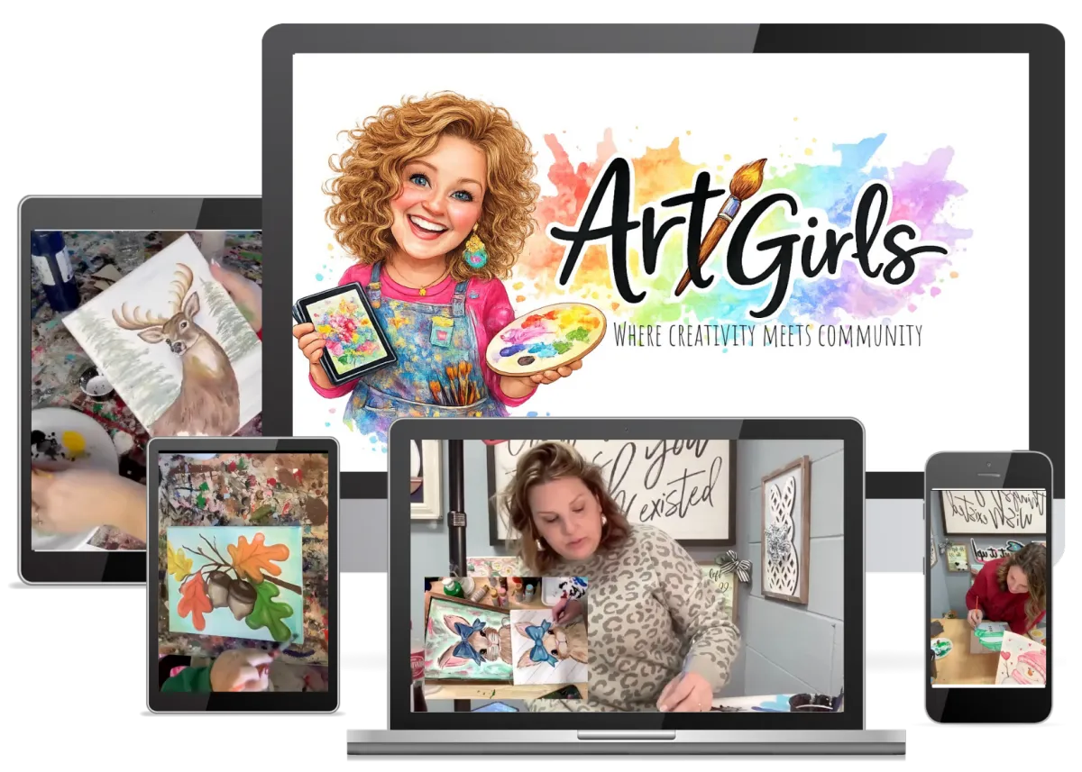 Creative women holding finished ArtGirls painting projects