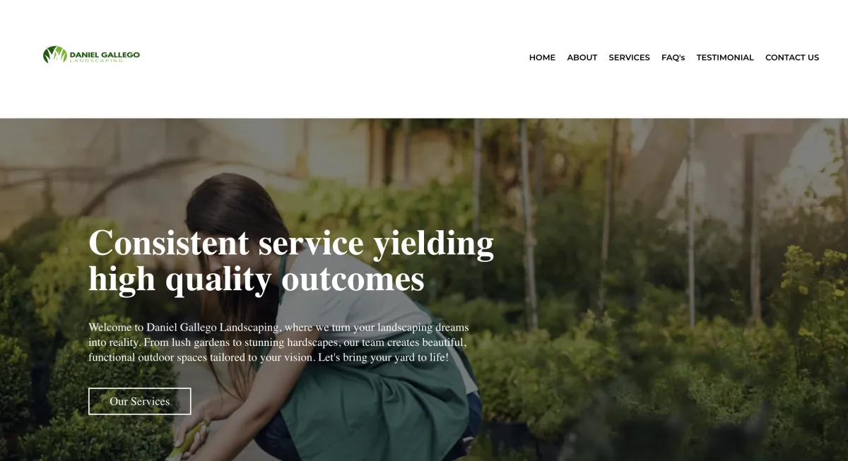 Screenshot of a landscaping business website with service information and contact section.
