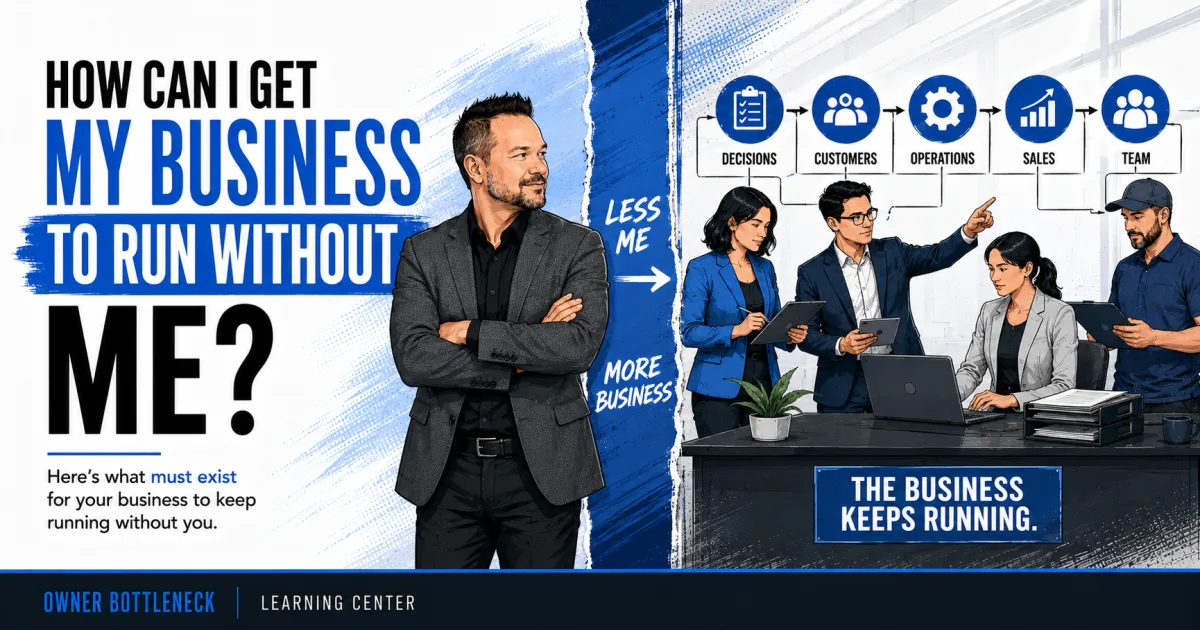 Illustration of a business owner stepping back while a capable team manages decisions, customers, operations, sales, and team leadership so the business can keep running without constant owner involvement.