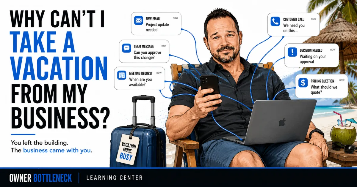Illustration of a business owner trying to relax on a beach vacation while checking a phone and laptop as messages, approvals, customer issues, pricing questions, and team requests continue following him, showing how the business still depends on the owner's constant involvement.